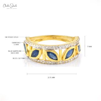 Art Deco Marquise Cut Ring with 0.2 Ct Blue Sapphire And Diamond Rings In 14k Yellow Gold