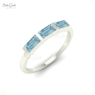 Baguette Cut 14K Gold Aquamarine Three Stone Ring For Anniversary Gift