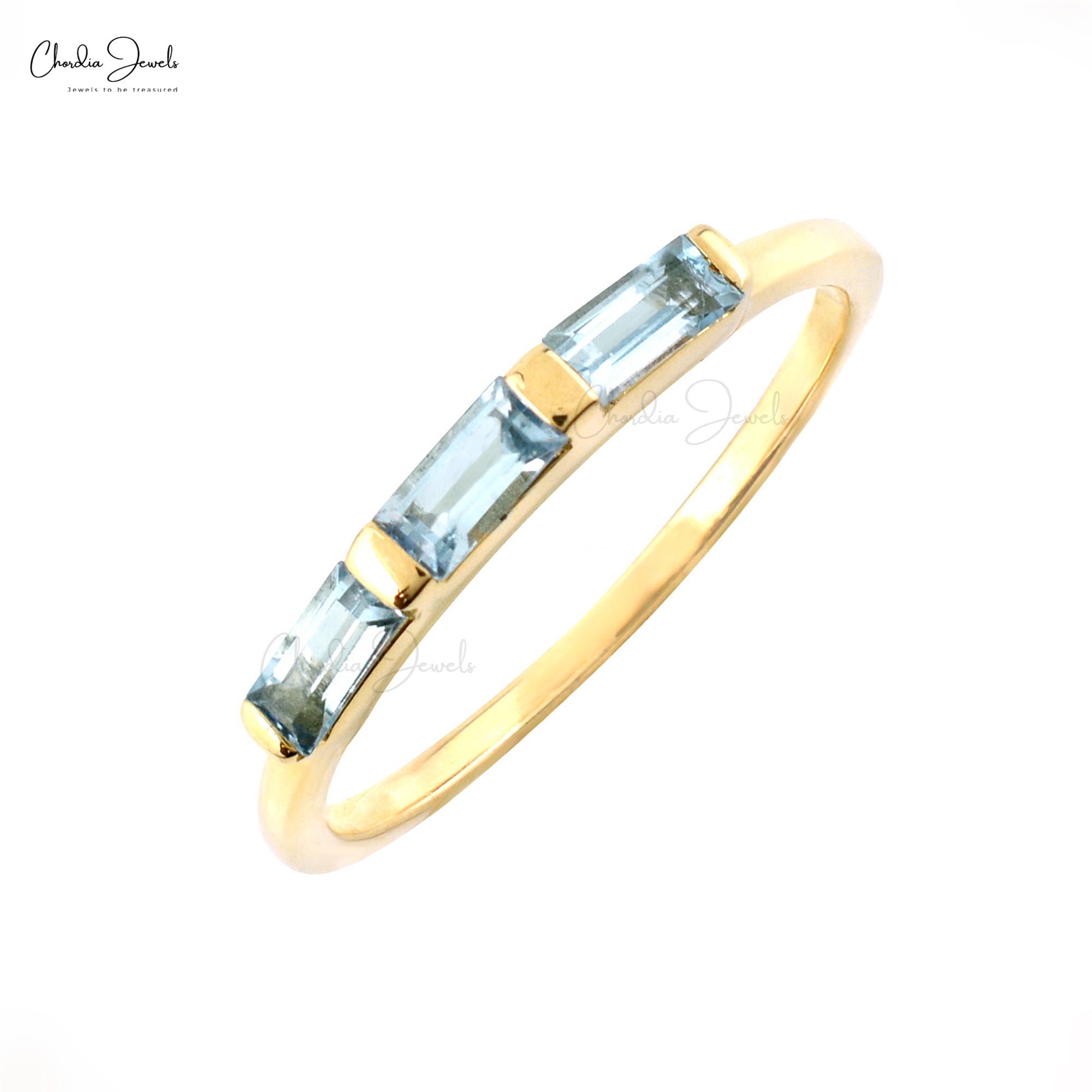 Dainty Engagement Ring In 14k Yellow Gold Aquamarine 4x2mm Baguette Trio Stone Rings