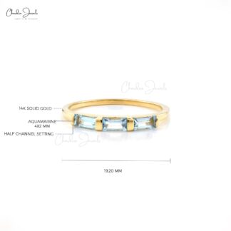 Dainty Engagement Ring In 14k Yellow Gold Aquamarine 4x2mm Baguette Trio Stone Rings