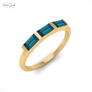 Triple London Blue Topaz Ring In 14k Solid Gold Baguette 4x2mm Gemstone Rings For Her