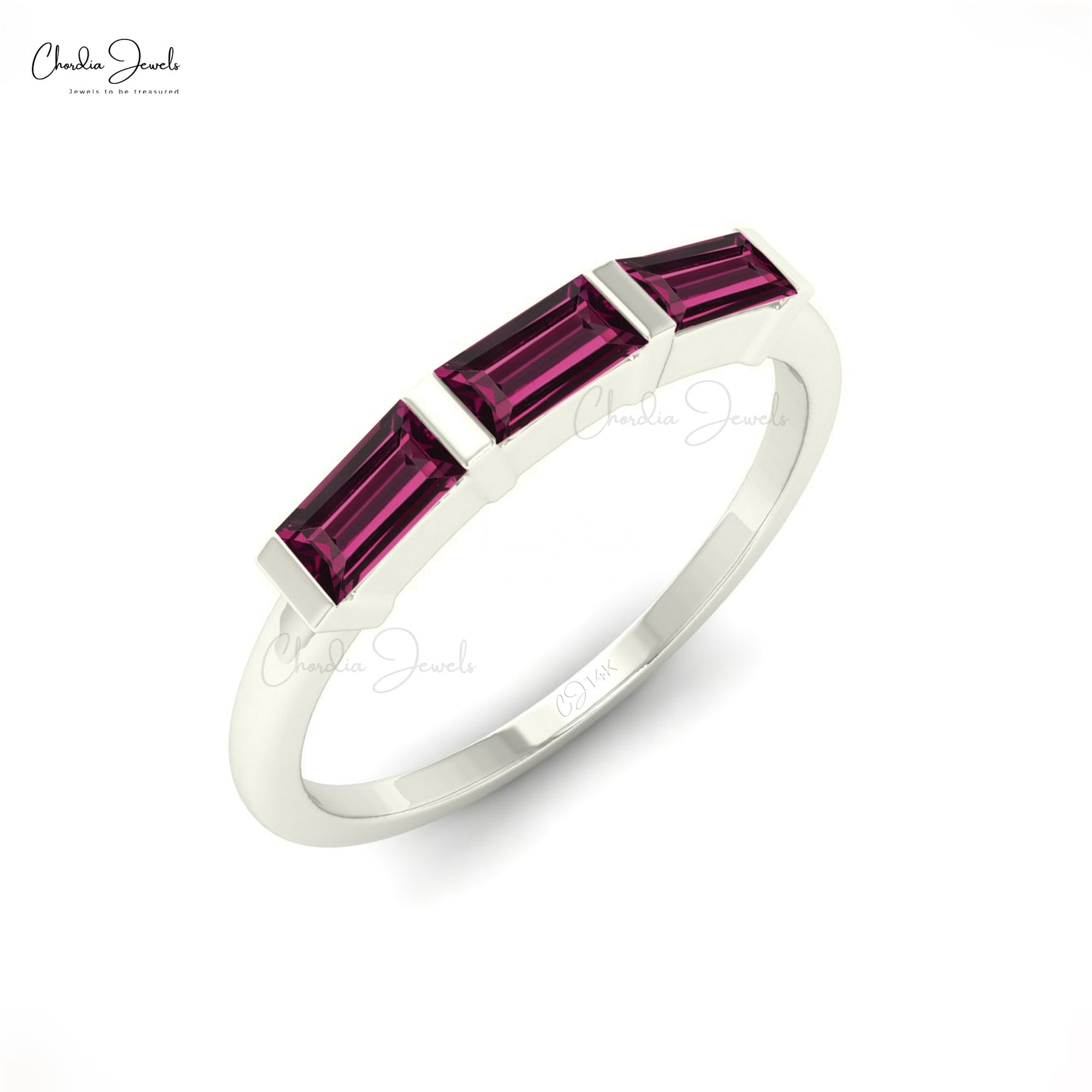 Trio Gemstone Ring In Pure 14k Gold Rhodolite Garnet 4x2mm Baguette Proposal Rings
