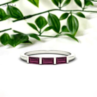Trio Gemstone Ring In Pure 14k Gold Rhodolite Garnet 4x2mm Baguette Proposal Rings