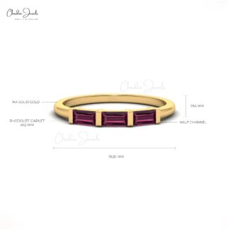 Trio Gemstone Ring In Pure 14k Gold Rhodolite Garnet 4x2mm Baguette Proposal Rings