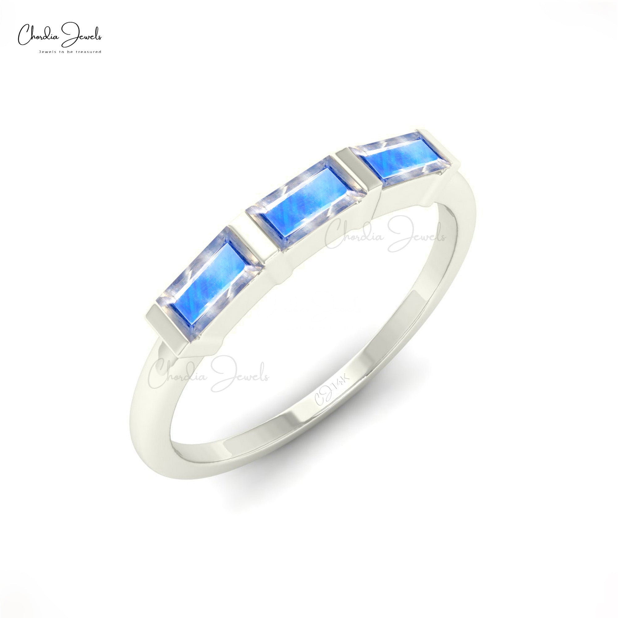 Rainbow Moonstone Baguette Cut Three Stone Ring In 14K Gold For Woman