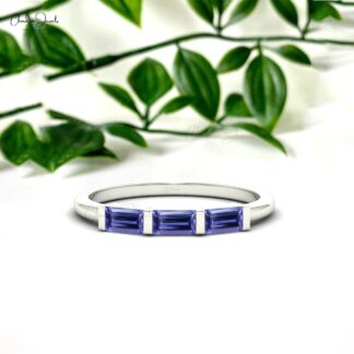 Three-Stone Ring With Tanzanite Gemstone Real 14k Gold Half Channel Set Light Weight Ring