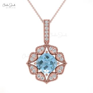 Art Deco Cluster Pendant In 14k Pure Gold Aquamarine 6mm Cushion And Halo Diamond Necklace