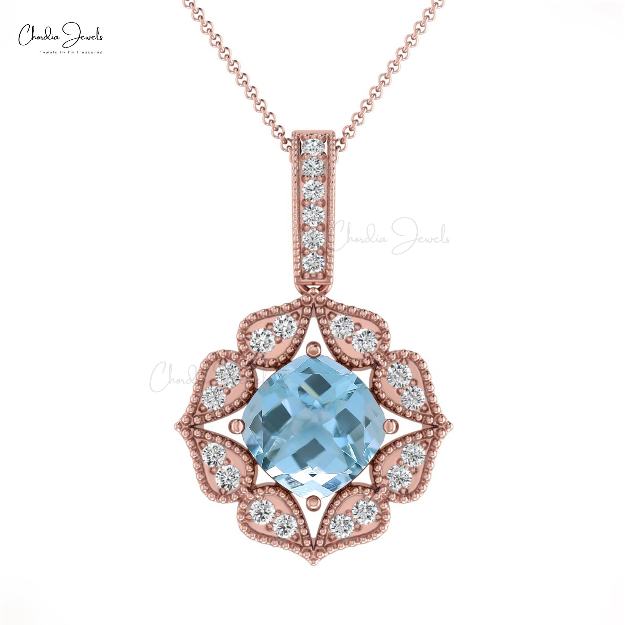 Art Deco Cluster Pendant In 14k Pure Gold Aquamarine 6mm Cushion And Halo Diamond Necklace
