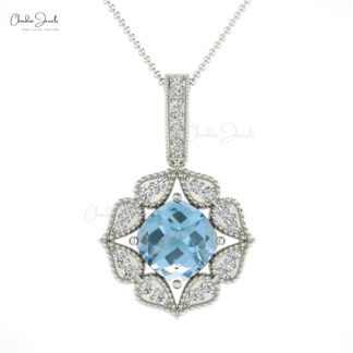 Art Deco Cluster Pendant In 14k Pure Gold Aquamarine 6mm Cushion And Halo Diamond Necklace