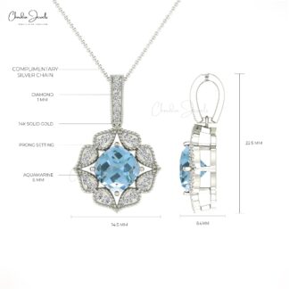 Art Deco Cluster Pendant In 14k Pure Gold Aquamarine 6mm Cushion And Halo Diamond Necklace