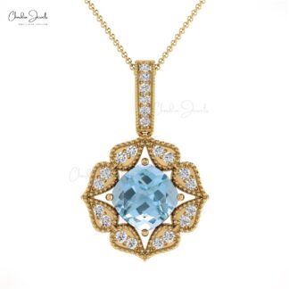 Art Deco Cluster Pendant In 14k Pure Gold Aquamarine 6mm Cushion And Halo Diamond Necklace