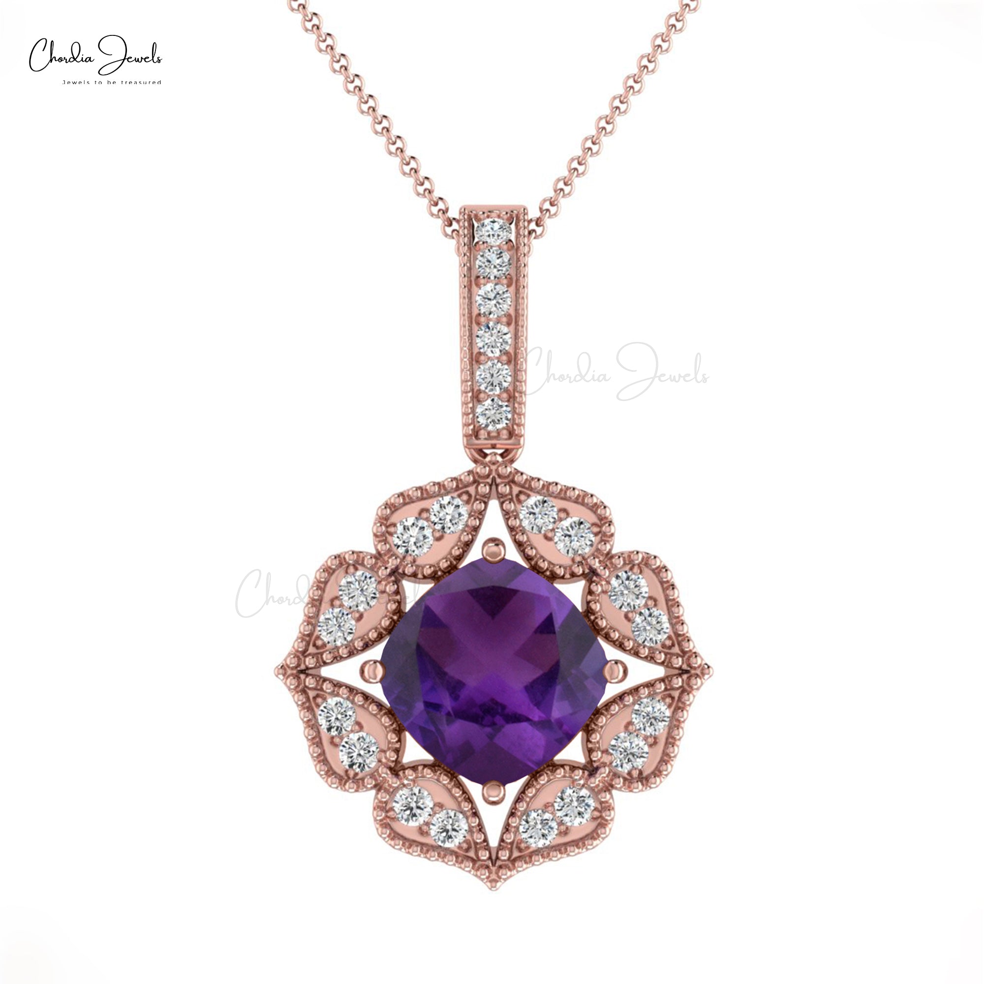 Solid 14k Gold Art Deco Pendant With 1.08 Ct Amethyst Halo Diamond Handmade Pendants