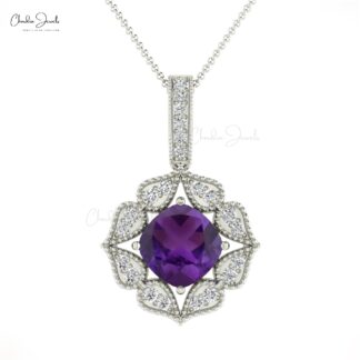 Solid 14k Gold Art Deco Pendant With 1.08 Ct Amethyst Halo Diamond Handmade Pendants