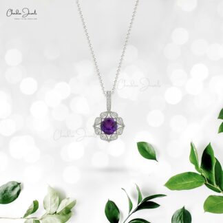 Solid 14k Gold Art Deco Pendant With 1.08 Ct Amethyst Halo Diamond Handmade Pendants