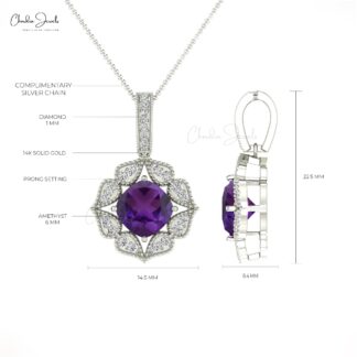 Solid 14k Gold Art Deco Pendant With 1.08 Ct Amethyst Halo Diamond Handmade Pendants