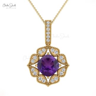 Solid 14k Gold Art Deco Pendant With 1.08 Ct Amethyst Halo Diamond Handmade Pendants