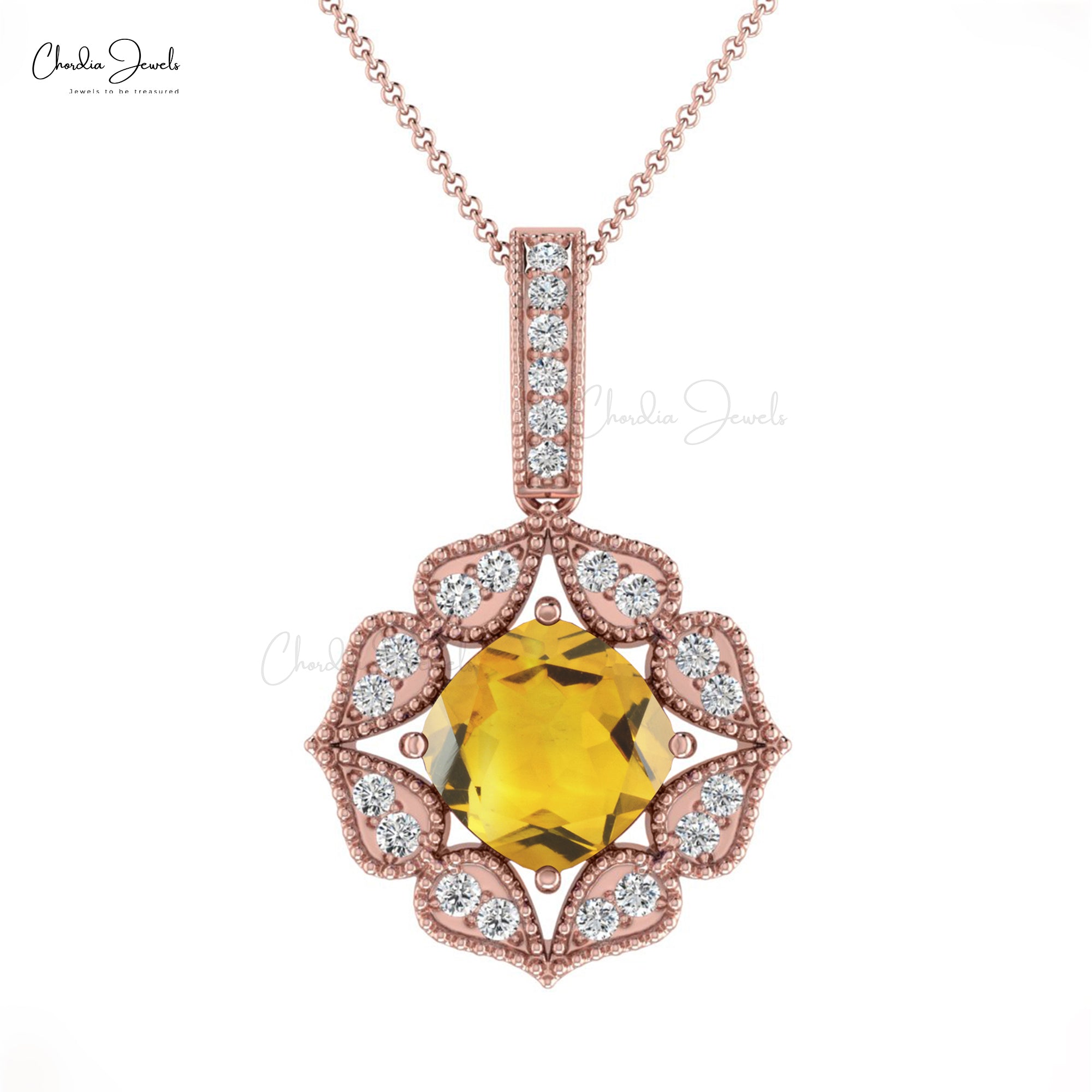 Floral Diamond Cluster Pendant In 14k Real Gold Citrine Gemstone Art Deco Inspired Necklace