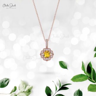 Floral Diamond Cluster Pendant In 14k Real Gold Citrine Gemstone Art Deco Inspired Necklace
