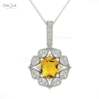 Floral Diamond Cluster Pendant In 14k Real Gold Citrine Gemstone Art Deco Inspired Necklace