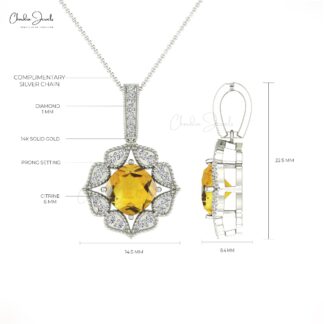 Floral Diamond Cluster Pendant In 14k Real Gold Citrine Gemstone Art Deco Inspired Necklace