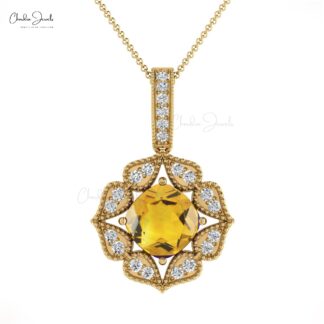 Floral Diamond Cluster Pendant In 14k Real Gold Citrine Gemstone Art Deco Inspired Necklace