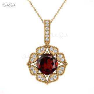Natural Garnet Halo Pendant With 6mm Cushion Cut 14k Real Gold Diamond Fine Jewelry