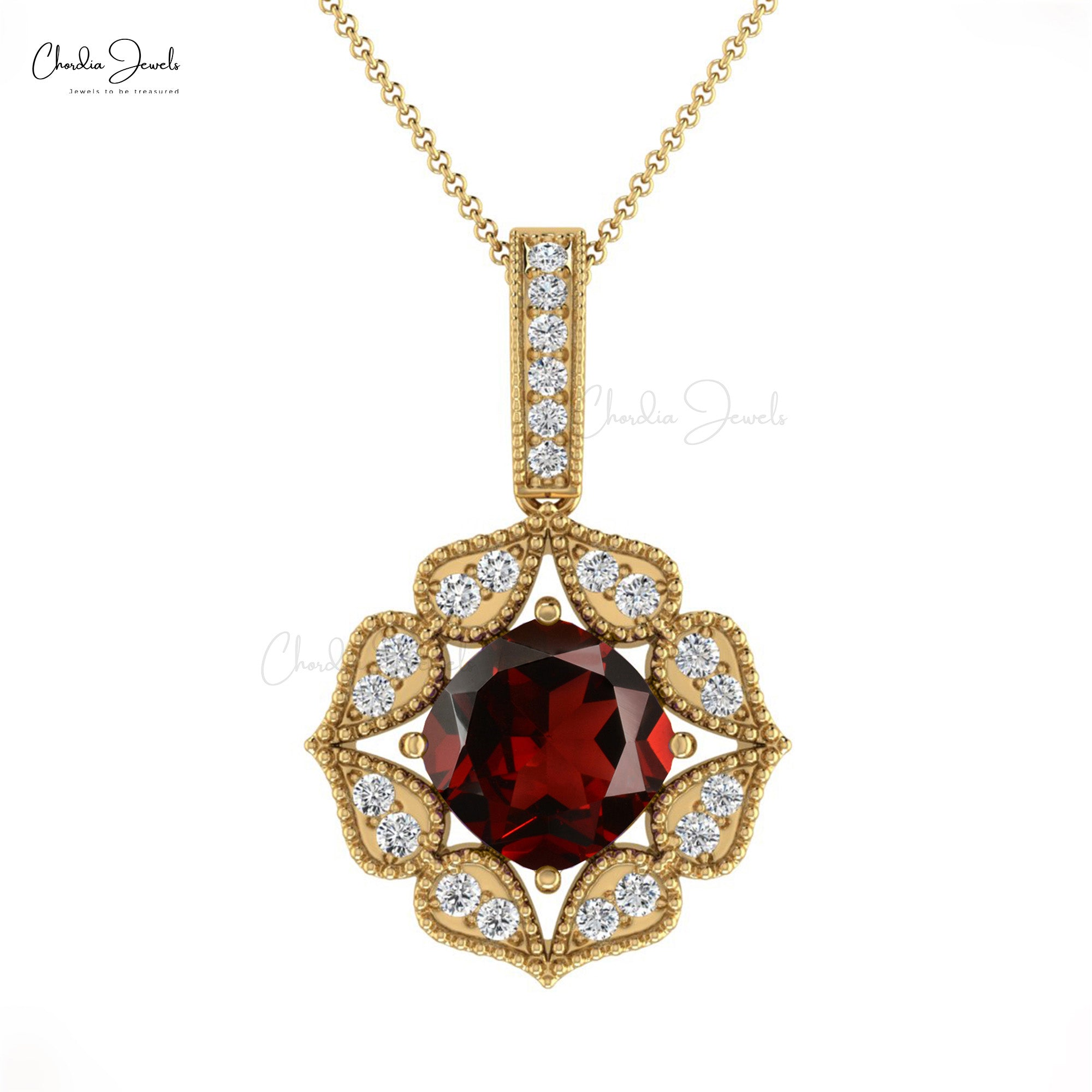 Natural Garnet Halo Pendant With 6mm Cushion Cut 14k Real Gold Diamond Fine Jewelry