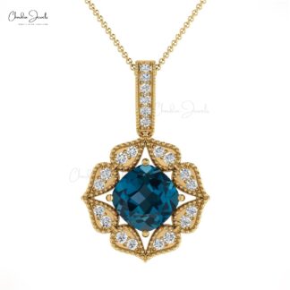 Real 14k Gold Dangling Pendant With 0.71 Ct London Blue Topaz And Dimond Art Deco Jewelry