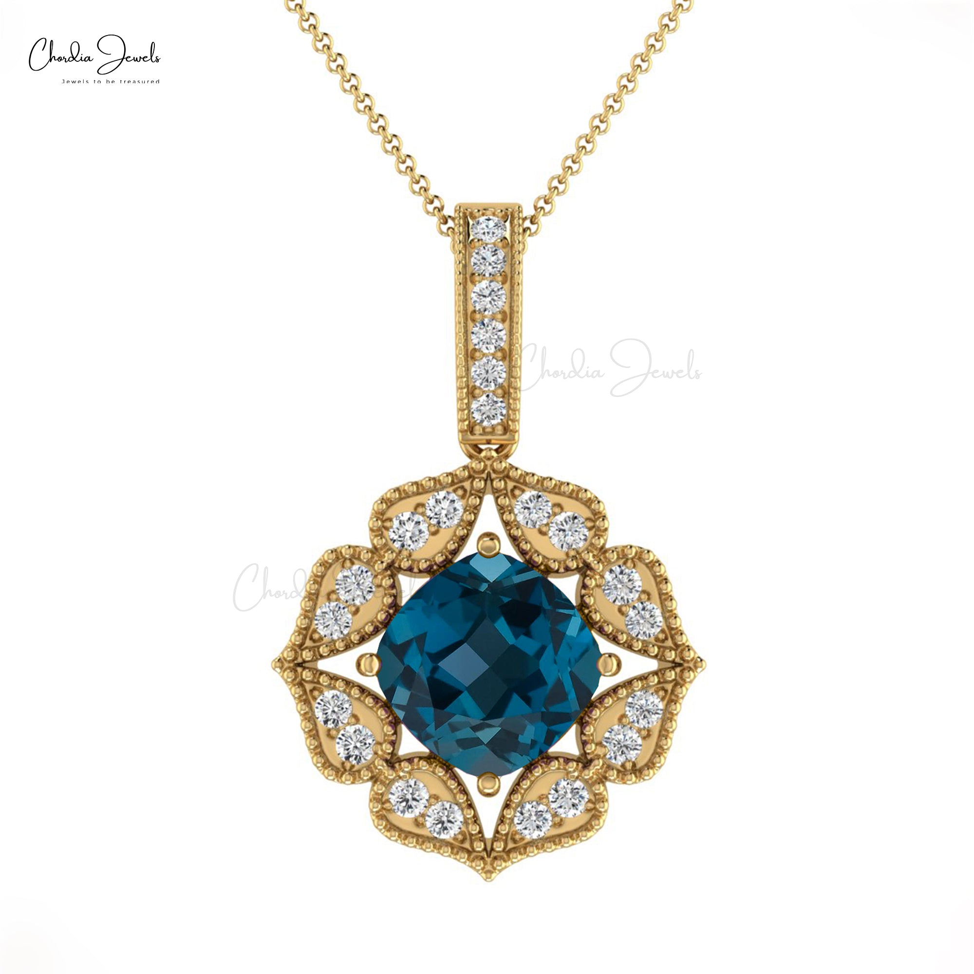Real 14k Gold Dangling Pendant With 0.71 Ct London Blue Topaz And Dimond Art Deco Jewelry