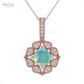 Art Deco Inspired Pendant In Solid 14k Gold Opal And Diamond Halo Women Necklaces