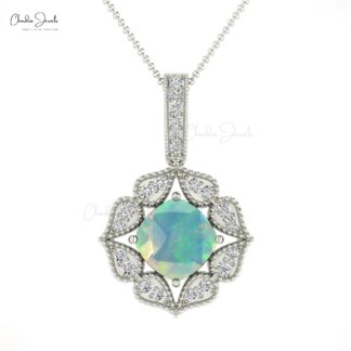 Art Deco Inspired Pendant In Solid 14k Gold Opal And Diamond Halo Women Necklaces