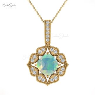 Art Deco Inspired Pendant In Solid 14k Gold Opal And Diamond Halo Women Necklaces