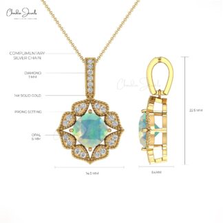 Art Deco Inspired Pendant In Solid 14k Gold Opal And Diamond Halo Women Necklaces
