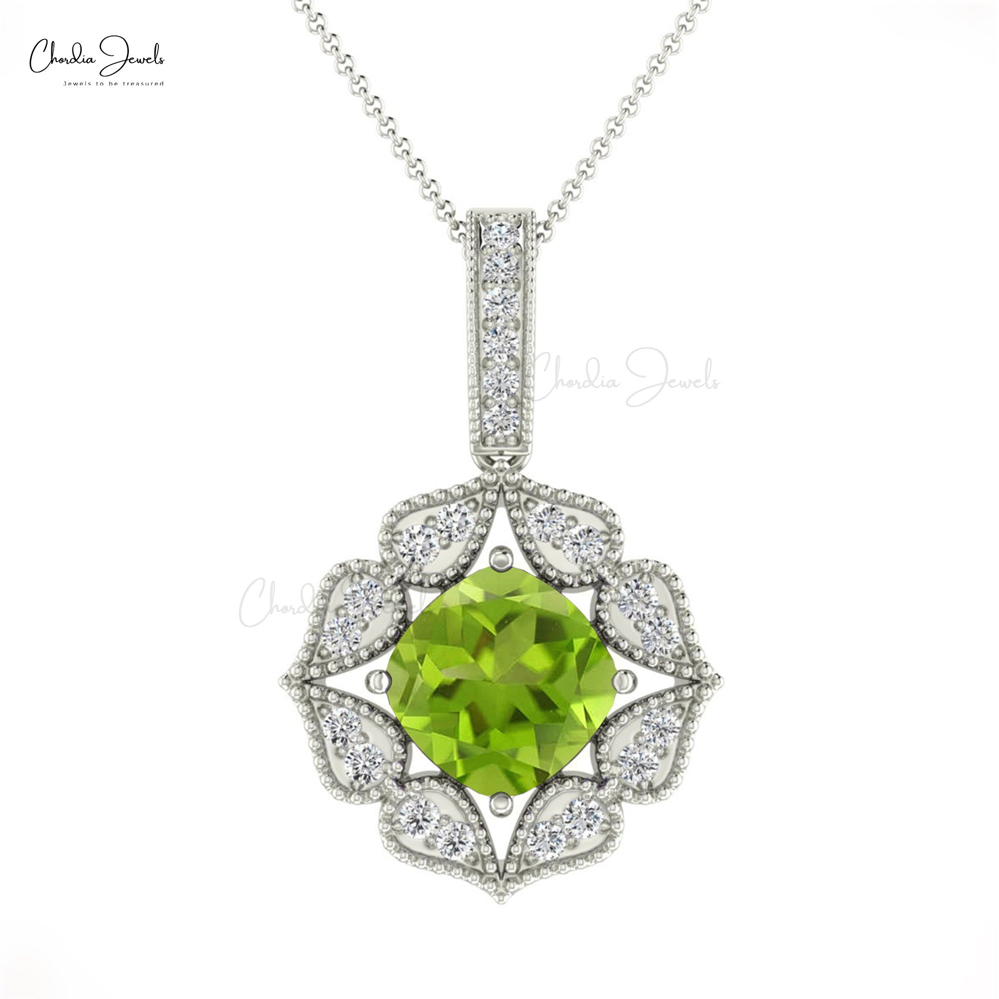 Art Deco Unique Pendant In 14k Real Gold Peridot 6mm Gemstone And Diamond Halo Pendant