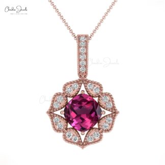 Cushion Art Deco Pendant With 1 Ct Rhodolite Garnet And Diamond Pendant In 14k Real Gold