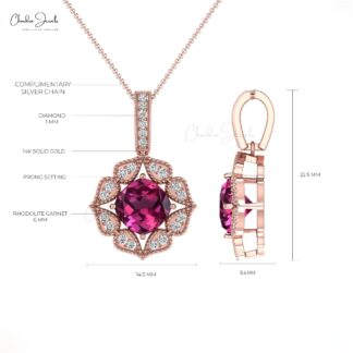 Cushion Art Deco Pendant With 1 Ct Rhodolite Garnet And Diamond Pendant In 14k Real Gold