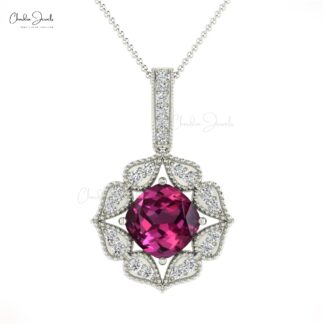 Cushion Art Deco Pendant With 1 Ct Rhodolite Garnet And Diamond Pendant In 14k Real Gold