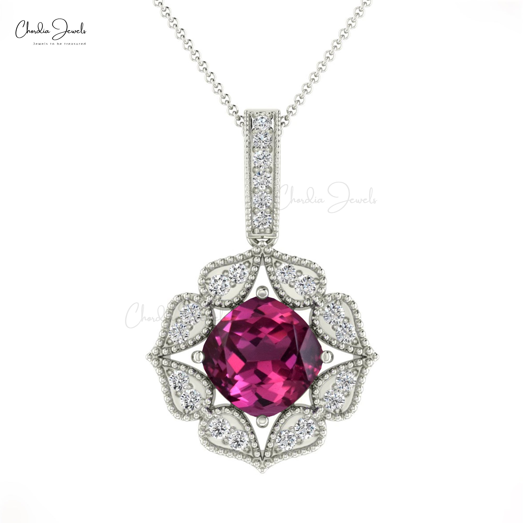 Cushion Art Deco Pendant With 1 Ct Rhodolite Garnet And Diamond Pendant In 14k Real Gold