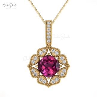 Cushion Art Deco Pendant With 1 Ct Rhodolite Garnet And Diamond Pendant In 14k Real Gold