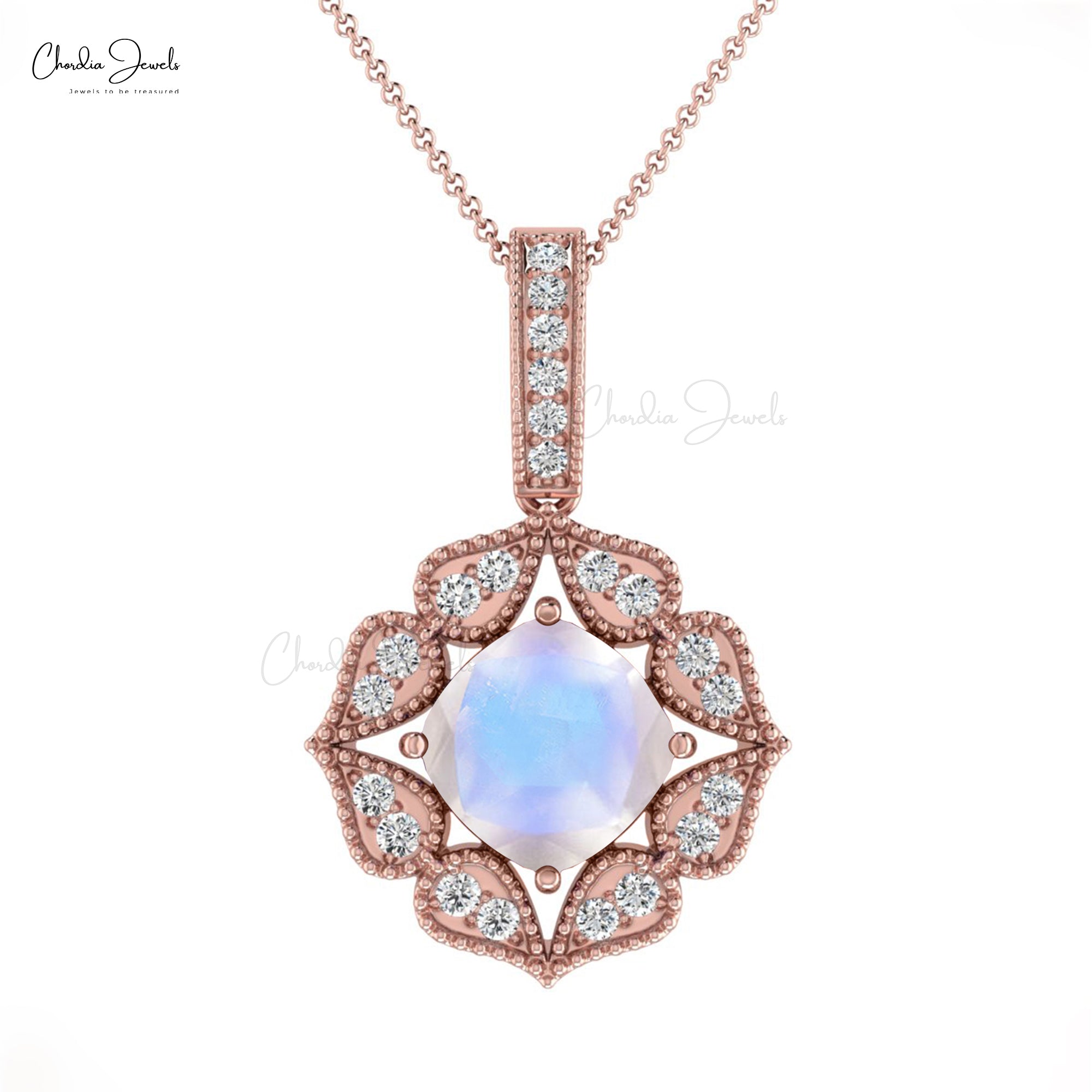 Diamond Floral Charm In 14k Pure Gold Moonstone 6mm Cushion Cut Art Deco Bridal Pendant