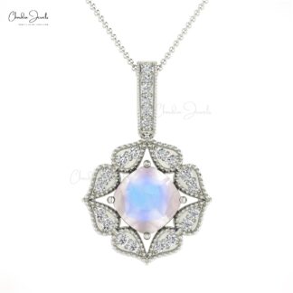Diamond Floral Charm In 14k Pure Gold Moonstone 6mm Cushion Cut Art Deco Bridal Pendant