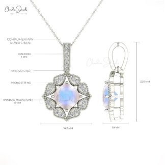 Diamond Floral Charm In 14k Pure Gold Moonstone 6mm Cushion Cut Art Deco Bridal Pendant