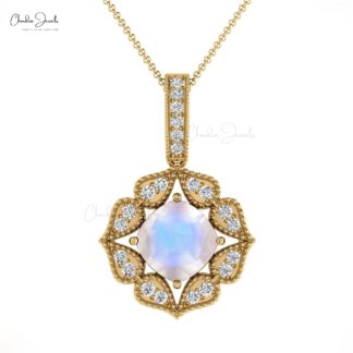 Diamond Floral Charm In 14k Pure Gold Moonstone 6mm Cushion Cut Art Deco Bridal Pendant