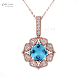 Diamond Circle Pendant In 14k Pure Gold Swiss Blue Topaz Art Deco Inspired Necklace