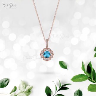 Diamond Circle Pendant In 14k Pure Gold Swiss Blue Topaz Art Deco Inspired Necklace