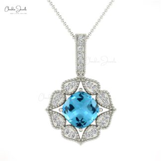 Diamond Circle Pendant In 14k Pure Gold Swiss Blue Topaz Art Deco Inspired Necklace