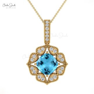 Diamond Circle Pendant In 14k Pure Gold Swiss Blue Topaz Art Deco Inspired Necklace