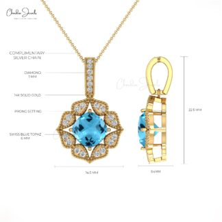 Diamond Circle Pendant In 14k Pure Gold Swiss Blue Topaz Art Deco Inspired Necklace