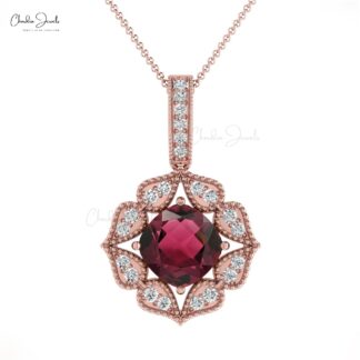 Genuine Pink Tourmaline Art Deco Pendant With Pave Diamond Accents in 14k Gold Jewelry