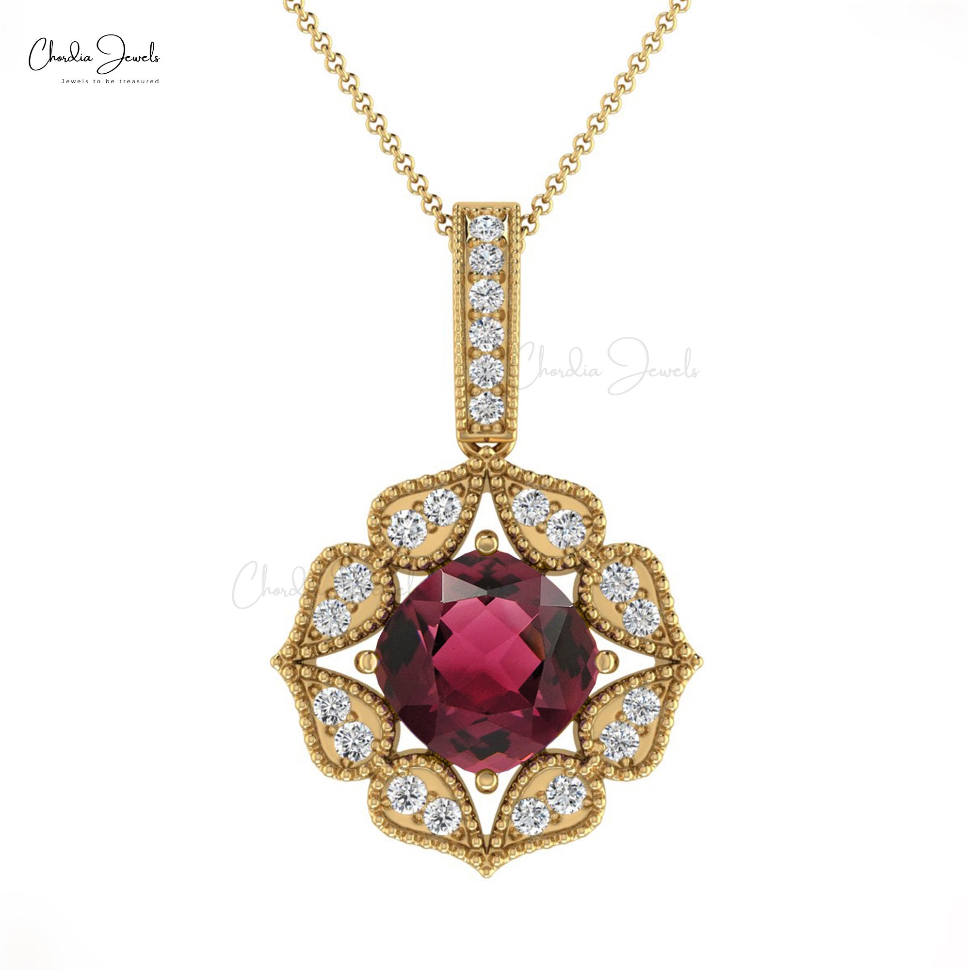 Genuine Pink Tourmaline Art Deco Pendant With Pave Diamond Accents in 14k Gold Jewelry